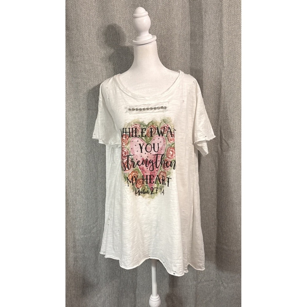 NWOT A Rare Bird Strengthen My Heart Tattered Tee White L/XL Rhinestones Boho - Picture 2 of 10